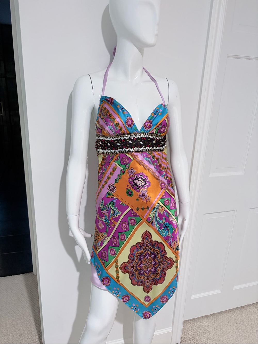 Rare Vintage Y2K Ginger & Java Embellished Silk Halter Dress S